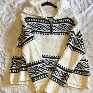 Black and White Cowl Neck Sweater with Geometric Patterns